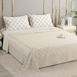 Story@Home Luxe 400 TC 100% Cotton Sateen Weave California King Size Bedsheet 108 x 108 Inches, Motif Printed Soft Flat Sheet with 2 Pillow Covers (18 x 27 Inch) - Beige & White-Gift Packaging