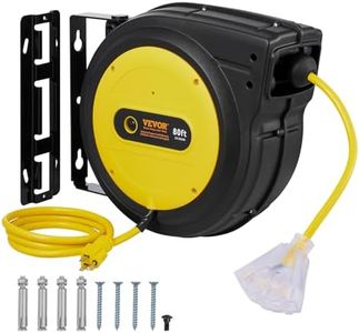 VEVOR 80FT Retractable Extension Cord Reel, 12AWG/3C SJTOW Heavy Duty Power Cord w/Lighted Electrical Triple Tap Outlets, 15A Circuit Breaker,180° Swivel Bracket for Workshop or Garage, Yellow