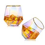 YUHANOER Wine Glasses iridescent wine glass Set Of 2,Cute Stemless Wine Glass Diamond Shape with Gold Rim,Ideal for Spirits,Cocktails,Whisky,Bourbon or Drinking Glasses,wine gifts