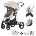 BEBBY 3 in 1 Pram, City Strollers with Seat,Stroller 3 in 1 Travel Stroller with Adjustable-Height Push Handle Stick Stroller, Landscape Combined Strollers High Aluminium Frame (D2-RICEWHITE-UK, D2)