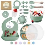 O'doe 17-Piece Baby Led Weaning Feeding Supplies for Toddlers,Baby Feeding Set | Suction Silicone Baby Bowl Self Eating Utensils with Fruit Feeder, Cup, Bibs, Food Plate Kit with Lid | Green V2