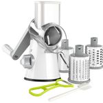 Ourokhome Rotary Cheese Grater Shredder - 3 Drum Blades Manual Vegetable Slicer Nut Grinder with Vegetable Peeler and Cleaning Brush (White Gray)