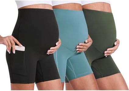 Enerful 3Pack Women's Maternity Yoga Shorts Over The Belly Comfy Workout Running Active Biker Pregnancy Pants with Pockets 5",Black Light Blue Dark Green XX-Large
