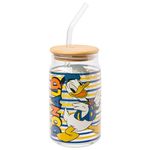 Silver Buffalo Disney Mickey and Friends Donald Duck Blue and Yellow Stripes Glass Jar Tumbler with Bamboo Lid and Glass Straw, 16 Ounces