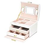 Podazz Jewellry Box for Women, 3 Layers PU Leather Jewelry Organizer with Mirror and Lock, Drawer type, for Storing Rings, Bracelets, Earrings, Necklaces, Travel Femal Gift Box - White