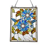 Capulina Stained Glass Window Hangings, Handmade Tiffany Art Style Sunflower and Birds Rectangle Window Panel for Window and Glass Door