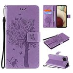 VEEMOS Mobile Case for Samsung Galaxy A12 / A12 V2 2021 / A12 Nacho / M12 Phone Case Wallet with Card Slots Cat-Tree Shockproof Leather Folio Slim Flip Case Cover Women Girls - Lilac