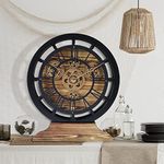 Lafocuse 10 Inch Wooden Real Moving Gears 2 in 1 Desk Clock Wall Clock,Farmhouse Rustic Table Clock Black,Vintage Mantel Clocks for Living Room Decor