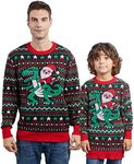 Ugly Christmas Sweaters Family Matching Dinosaur Crew Neck Knitted Pullover for Holiday Party Festival Jumpers Outfits, Kids Green, Large