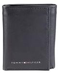 Tommy Hilfiger Men's Genuine Leather Trifold Wallet with ID Window, Credit Card Pockets, Deep Black, One Size