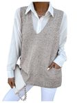 GORGLITTER Women's Sleeveless Jumper V Neck Loose Oversized Sweater Vest Plain Knitted Tank Top with Pockets Khaki L