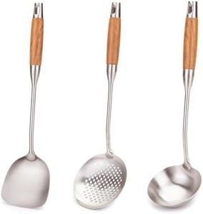 FJNATINH Wok Utensils for Carbon Steel, Stainless Steel Wok Spatula and Ladle, Skimmer Spoon Set Metal 304 Stainless Steel Kitchen Cooking Utensils Sets, 3-Pieces Wok Tools, Wooden Handle 14-15 Inch
