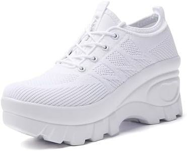 Women's Chunky Platform Comfort Orthopedic Wedge Walking Shoes Fashion Knitted Breathable Lace Up Lug Sole Casual Non-Slip Running Shoes With Arch Support (White, Adult, Women, 8, Numeric, US Footwear Size System, Medium)