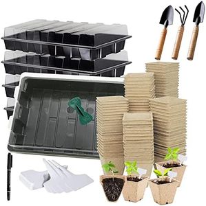 Seed Starter Kit with 90 Peat Pots for Seedlings Seed Starter Trays, 5 Plastic Growing Trays 20 Plant Labels & 3 Garden Tools, Outdoor or Indoor Herb Garden Nursery