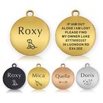 ID Tag Small Large Personalised ID Tag for Pet Dog Doggy Cat Kitten Kitty Puppy Engraved Dog ID Tag (Gold Round)