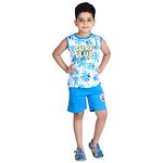 Clothe Funn Boys Cotton Sleeveless Coordinate Set, T-Shirt and Shorts Set (White/T.Blue, 9-10 Years)