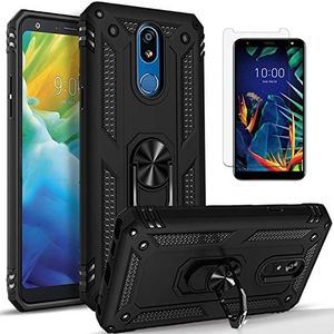 STARSHOP -LG K40 Phone Case, LG Xpression Plus 2, LG Harmony 3, Solo LTE, K12 Plus, X4 2019, with [Tempered Glass Protector Included] Metal Ring Stand Shockproof Drop Protection Phone Cover-Black