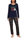 MyFav Womens Pyjamas Set Ugly Xmas Sleepwear Long Sleeve Christmas Tree Print Two Piece Nightwear Funny Pj Lounge Sets,Navy Blue,S