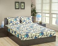 Trance Home Linen 180TC 100% Cotton 78"x60" Standard Queen Size Elastic Fitted Bedsheet | Printed Queen Bed Size Elasticated Fitted Bedspread with 2 Pillow Covers (Queen 78x60 inch, Blooms Blue)