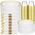 R-kay 350pcs Gold Plastic Dinnerware Set 50 Guest, Gold Plastic plates for party, Premium Party Plates And Cups And Napkins Sets - Wedding Plates Disposable Set 50 Guests With Prerolled Napkin Cutlery