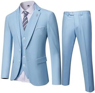 MY'S Men's 3 Piece Slim Fit Suit Set, Two Button Blazer Jacket Vest Pants with Tie, Solid Wedding Dress Tux and Trousers Sky Large