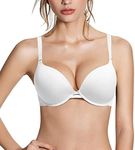 Pushlus Push Up Thick Padded Plunge Underwire T Shirt Lace Bra Lift Support for Women Add One Cup, Solid White Bra, 34C