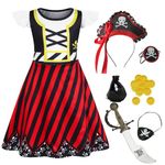 Berich Pirate Costume Kids World Book Day Costumes for Girls Halloween Outfits School Pretend Play Pirate Eye Patch Headband Sword Pirate Fancy Dress Girls Pirate Dress up 9-10 Years(Red,150)