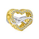 Couples Forever Love Knot Figure 8 Motif Crystal Accent Intertwined Infinity Open Heart Shaped Bead Charm For Women Teens Two Tone Gold Plated .925 Sterling Silver Fits European Bracelet