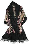 Women's Embroidered Oversize Tassel Shawl Scarf (#1-Black)