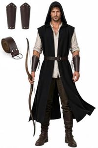 UQJE Mens Medieval Hooded Sleeveless Surcoat Faux Linen, Black, M, 2 Pcs