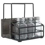 MyGift 4 Piece Set Vintage Gray Solid Wood and Industrial Black Metal Wire Napkin Holder and Spice Rack with 3 Glass Shakers for Salt, Pepper, or Seasonings