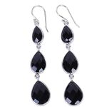 NOVICA Artisan Handmade Onyx Dangle Earrings Triple Stone with Sterling Silver Black India Birthstone [2.8 in L x 0.5 in W x 0.1 in D] ' Magical Elegance'