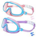 2 Pack Kids Swim Goggles Mask with Nose Cover for Boys Girls 3-14, Tempered Glass Lens 180° HD View, No-leak, Anti-UV (Purple + Pink)