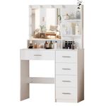 Koestem Vanity Dressing Desk with Lighted Mirror, Cute Modern Make Up Vanity Table with 3 Open Shelves, White for Bedroom, Storage Shelves 4 Drawers