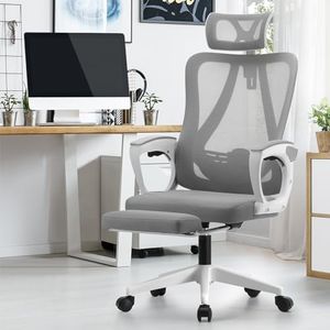 Oikiture Home Ergonomic Office Chair with Footrest Mesh Computer Desk ChairHeight Adjustable Lumbar Support Reclining White