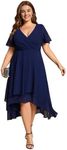 Ever-Pretty Women's A Line V Neck Plus Size Ruffle Sleeves Ruched High Low Mother of The Bride Dress Navy Blue US20