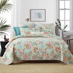 Wistown Cotton Bedspread Bedding Coverlet Quilt Sets, 3 Pieces Reversible Vintage Branch Floral Rustic Bedspread comforters (Blue Vintage Floral Pattern, Queen)