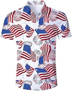 Fanient Mens Patriotic Shirt Red White Blue American Flag Printed Short Sleeve 4th of July Button Down Independence Shirt XL