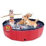 CACSPS Foldable Dog Pool, 63" x 12" Kiddie Pool with Hard Plastic, Non-Slip Dog Bath Tub for Outdoor Backyard, Collapsible Dog Swimming Pool for Kids Dogs Pets (Red)