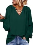 Dokotoo Womens Summer Tops Vintage Fashion Smocked Long Sleeve Shirts V Neck Solid Color Chiffon Fall Tunic Top Stylish T Shirts Casual Plus Size Business Blouses for Women Green S