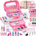 Hollyhi 58pcs Kids Real Makeup Sets for Girls, Safe Washable Children Pretend Dress Up Toys Make Up Starter Kit, Princess Christmas Birthday Gifts for Age 3 4 5 6 7 8 9 10 11 12 Year Old Girl (Pink)