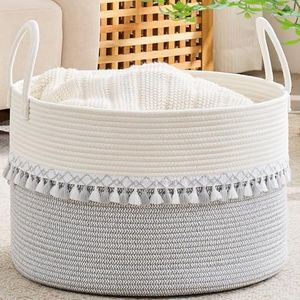 KAKAMAY Cotton Rope Storage Basket (20"x13"),Woven Hamper for Blankets,Toys,Pillows,Clothes,Laundry,Sturdy Handles Decorative Basket for Living Room, Bedroom,Nursery(Grey/Black)