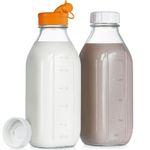 Dwbligt 32 Oz Reusable Glass Water Bottles with Silicone Dispenser Cap, 2 Pack Milk Jugs with Airtight Screw Lids, Leak Proof Glass Juice Bottles with Scale Marks for Fridge