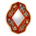 NOVICA Reverse Painted Glass Mirror, Red Summer Garden