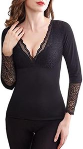 Flygo Womens Thermal Fleece Lined Cotton Underwear Lace Long Sleeve V-Neck Top (Large, #02 Black)