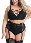 EVELUST Plus Size Lingerie Set for Women, Sexy Luxe Criss-cross Bra Set Lace Cups Classic Underwear with High Waisted Suspender Thong(Black,2XL,828w)