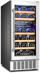 AAOBOSI 【Upgraded 15 Inch Wine Cooler, 28 Bottle Dual Zone Wine Refrigerator with Stainless Steel Tempered Glass Door,Memory Function, Fit Champagne Bottles, Wine Fridge Freestanding and Built-in