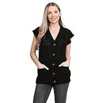 Candid Styles® Womens Ladies 5 Button 2 Front Pockets Sleeveless V-Neck Jumper Sweater Cable Knitted Cardigan Vest Top(Black, 18-24)