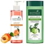 Biotique Bio Green Apple Fresh Daily Purifying Shampoo and Conditioner for Oily Scalp and Hair, 180m & Biotique Apricot Body Wash, Transparent, 200 ml