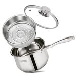 DERUI CREATION Stainless Steel Saucepan 16cm | 1.5 Litre with Steamer Basket and Glass Lid | Milk Pan Steamer Pot Soup Pot| Induction Safe | Small Pot